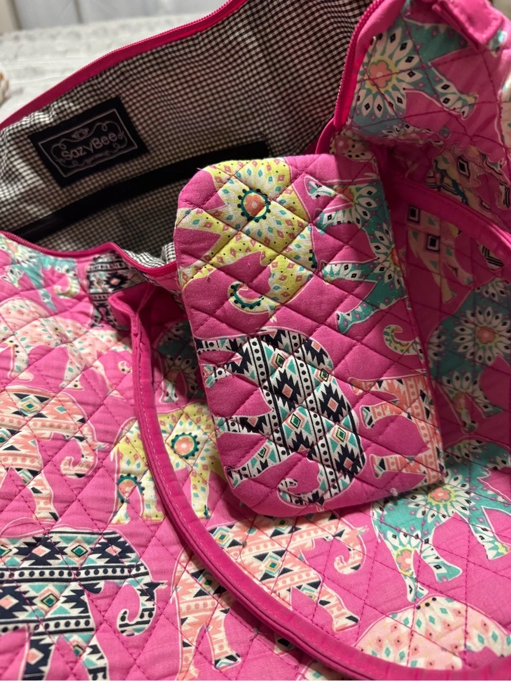 Pink Quilted Elephant Print Tote Bag and Matching Small Bag